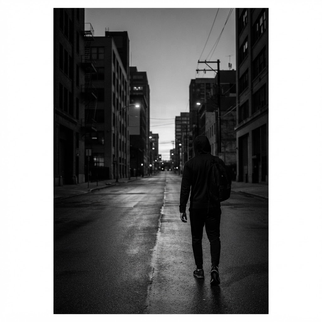 Athlete in a black hoodie on an empty street at sunrise